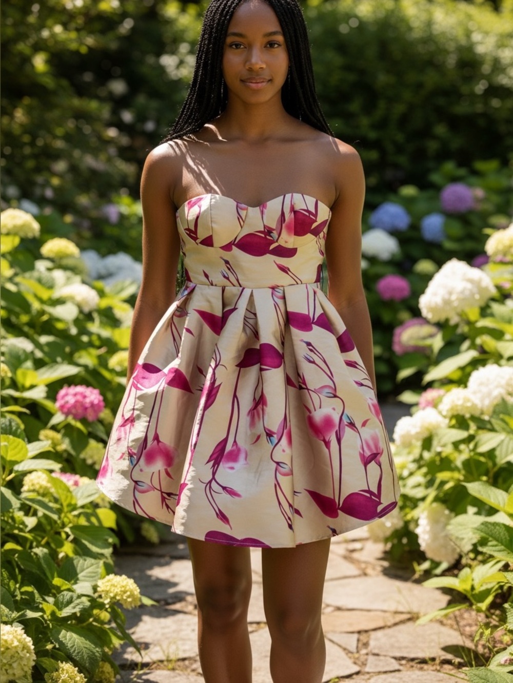 a'gaci Strapless Floral Fit & Flare Mini Dress in Cream and Magenta
